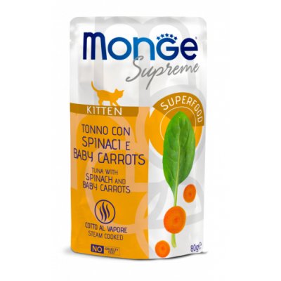 MONGE SUPREME Kitten FLAKES kapsička tuňák/špenát/baby karotka  80g/24bal