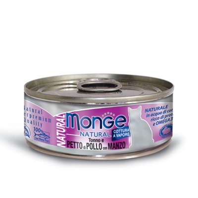 MONGE NATURAL Cat tuňák,kuřecí, hovězí 80g/24bal. - monge_gatto_umido_natural_al_vapore_tonno_e_petto_di_pollo_con_manzo.jpg